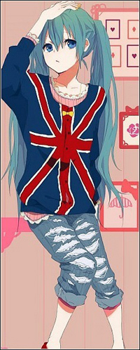 Аватар вконтакте Вокалоид Мику Хатсуне / Vocaloid Miky Hatsune в кофте с британским флагом, держится рукой за голову