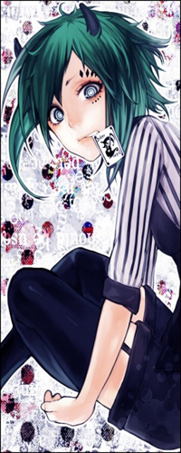 99px.ru аватар Vocaloid Gumi Megpoid / Вокалоид Гуми Мегпоид с рожками, сидит, держа карту в зубах