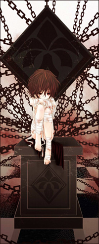 99px.ru аватар Маленький Канамэ Куран / Kuran Kaname из аниме Рыцарь-Вампир / Vampire Knight в крови и бинтах сидит на алтаре окруженном цепями