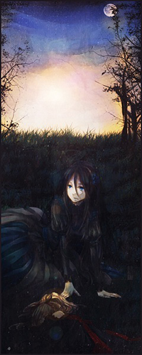 Аватар вконтакте Готичная девушка в лучах восходящего солнца сидит на траве рядом со сломанной куклой
