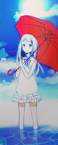 99px.ru аватар Мэнма из аниме 'Невиданный цветок' с красным зонтиком стоит в воде на фоне неба