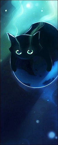 Аватар вконтакте Чёрный котёнок со светящимися глазами на пузыре