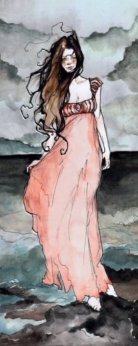Аватар вконтакте Девушка в розовом платье с развевающимися на ветру волосами стоит на берегу моря