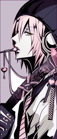 Аватар вконтакте Vocaloid Yuma / Вокалоид Юма в наушниках и шапке поверх, с катаной в руке и ключом с подвеской в зубах