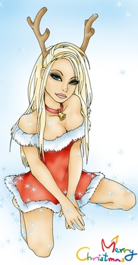 99px.ru аватар Блондинка, в новогоднем красном платье, сидит с оленьими рожками на голове (Merry Christmas)