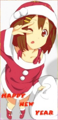 99px.ru аватар Юи-тян из аниме K-ON в новогоднем костюме с мешком подарков (HAPPY NEW YEAR)