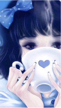 99px.ru аватар Милая синеглазая девушка с синим бантиком в волосах пьёт горячий напиток из чашечки с сердечком