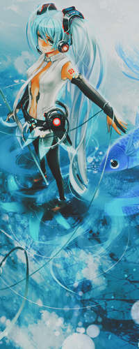 Аватар вконтакте Вокалоид Мику Хатсуне / Vocaloid Miku Hatsune стоит в воде, сзади неё плавает рыба