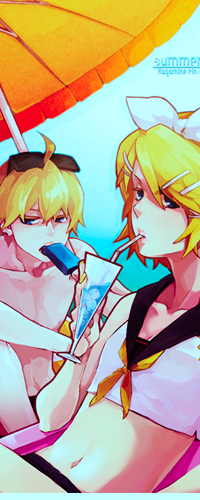99px.ru аватар Вокалоиды Кагамине Рин и Лен / Vocaloid Kagamine Rin & Len сидят под зонтиком, Лен ест мороженое, а Рин пьет коктейль (Summer / Лето)