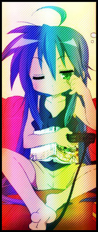 99px.ru аватар Konata Izumi / Коната Идзуми из аниме Счастливая Звезда / Lucky Star сидит на диване с мангой и игровой приставкой и трёт глаз