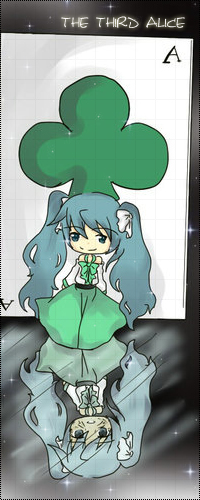 Аватар вконтакте Мику Хатсуне чибик / Miku Hatsune chibik, (третья Алиса / The third Alice) в зеленом платье стоит у зеленого трефового туза на зеркальном полу на фоне звездного неба Вокалоиды/Vokaloid