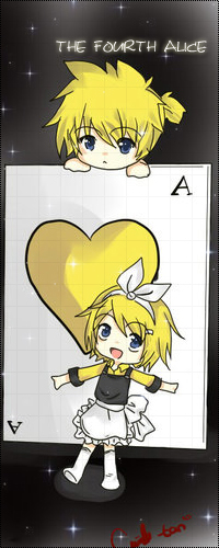 Аватар вконтакте Рин и Лен Кагамине чибики / Rin & Len Kagamine chibiki. Стоят рядом с большой картой желтого червонного туза (Четвертая Алиса / The fourth Alice). Вокалоиды / Vokaloid