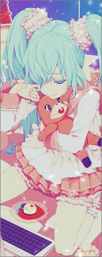 99px.ru аватар Vocaloid Hatsune Miku / Вокалоид Хатсуне Мику в обнимку с розовым плюшевым кроликом сидит на кровати перед компьютером и трёт глаз