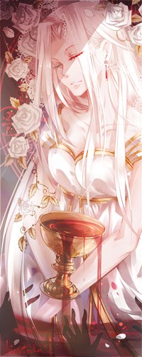 Аватары ВКонтакте Аниме-девушка с прикрытыми глазами в белом платье и с золотой чашей в руках, из которой льётся кровь, на фоне белых роз