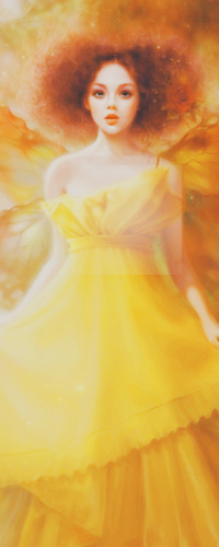 99px.ru аватар Фея с рыжими кудрями и золотистыми крыльями в пышном желтом платье