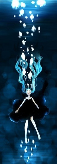 99px.ru аватар Vocaloid Hatsune Miku / Вокалоид Хатсуне Мику в чёрном платье падает в глубины моря, арт на песню Deep-Sea Girl