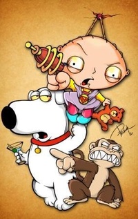 99px.ru аватар Стьюи Гриффин / Stewie Griffin с лазерным пистолетом и мишкой в руках и Брайан Гриффин / Brian Griffin с напитком, рядом с ними обезьянка, из мультфильма  Гриффины / Griffin 