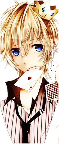 Аватар вконтакте Вокалоид Лен Кагамине / Vocaloid Kagamine Len с короной на голове и картой в зубах смотрит куда-то в сторону