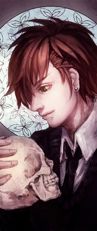 99px.ru аватар Такигава Ёшино / Takigawa Yoshino из аниме Буря Потерь / Zetsuen no Tempest держит в руке человеческий череп