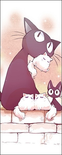 Аватар вконтакте Чёрная кошка с тремя белыми котятами и одним чёрным котёнком сидит на кирпичной стене