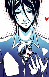 Аватар вконтакте Улыбающийся Себастьян Михаэлис / Sebastian Michaelis дает руку сидящему у него под рубашкой чиби Сиэлю Фантомхайву / chibi Ciel Phantomhive из аниме Темный дворецкий / Kuroshitsuji