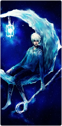 Аватар вконтакте Джек Фрост / Jack Frost из мультфильма Хранители снов / Rise of the Guardians сидит на ледяном месяце, на острие которого висит фонарик, с посохом в руках