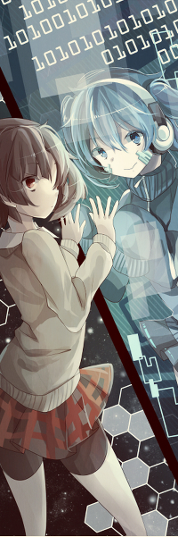 99px.ru аватар Vocaloid Sakine Meiko / Вокалоид Сакине Мейко приложила руки к стеклу, из которого на неё смотрит Хатсуне Мику / Hatsune Miku