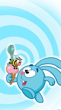99px.ru аватар Заяц Крош из мультфильма Смешарики несет мороженое, на котором сидит пчела и держит ложку