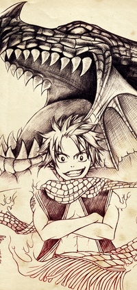 99px.ru аватар Нацу Драгнил / Natsu Dragnil из аниме Хвост Феи / Fairy Tail стоит на фоне ревущего дракона