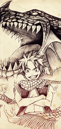 Аватар вконтакте Нацу Драгнил / Natsu Dragnil из аниме Хвост Феи / Fairy Tail стоит на фоне ревущего дракона
