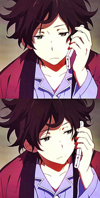 Аватар вконтакте Растрепанный Houtarou Oreki / Хотаро Орэки из аниме Hyouka / Хеу-ка: тебе не уйти отвечает на звонок
