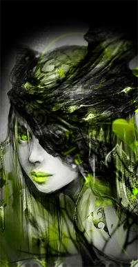 Аватар вконтакте Девушка, нарисованная в чёрно-белых тонах с кислотно-зелёными цветными элементами