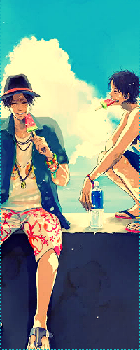 Аватар вконтакте Монки Д. Луффи / Monkey D. Luffy и Портгас Д. Эйс / Portgas D. Ace из аниме Большой Куш / Ван Пис / One Piece с мороженым в виде арбузных долек на палочках сидят у моря на парапете, рядом с ними стоит бутылка воды