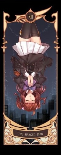 Аватар вконтакте Анж Уширомия / Ange Ushiromia из аниме Когда плачут чайки / Umineko no Naku Koro ni в перевернутом состоянии на фоне ночного города (The Hanged Man / Повешенный)