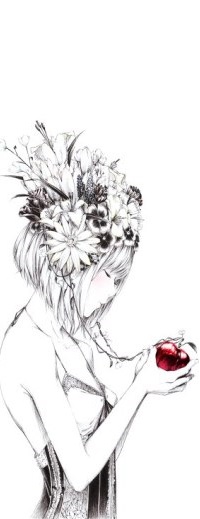 99px.ru аватар Девушка, нарисованная в черно-белых тонах, с цветами на голове держит красное яблоко в руках, арт художника Савасава / art by Sawasawa