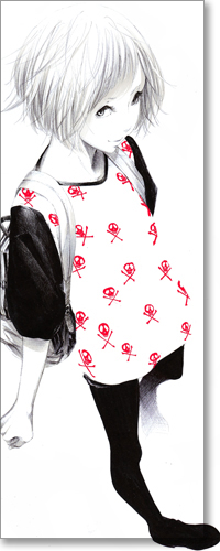 Аватар вконтакте Коротко стриженная девушка в черно-белой футболке с красными черепами с рюкзаком за спиной, арт / art by Sawasawa