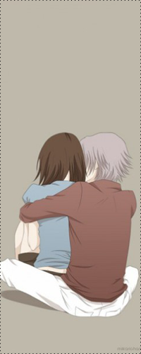 Аватар вконтакте Hayato Gokudera / Гокудера Хаято обнимает Хару / Haru, сидя на сером фоне, аниме Репетитор-киллер Реборн / Katekyo Hitman Reborn