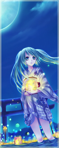 99px.ru аватар Вокалоид Хатсуне Мику / Voсaloid Hatsune Miku ночью стоит по колено в воде, держа в руках светящийся фонарик