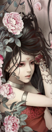 99px.ru аватар Темноволосая девушка с розовыми цветами в волосах, одетая в красное платье, с татуировкой черепом на руке, art by Xiao Bai