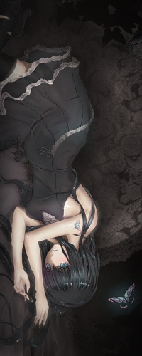 99px.ru аватар Темноволосая голубоглазая девушка с татуировкой бабочки на руке, одетая в черное платье и чулки, лежит на полу, возле нее порхает бабочка, арт художницы Unodu