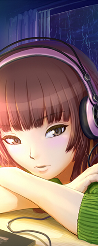 Аватар вконтакте Kamizaki Risa / Риса Камидзаки из аниме Амагами СС / Amagami SS в наушниках положив голову на руки сидит за столом