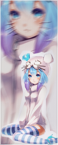 Аватар вконтакте Vocaloid Aoki Lapis / Вокалоид Аоки Ляпис с подрисованными усиками, сидит, одетя в полосатые чулки, белую куртку и шапку в виде головы мышки с полудрагоценным камнем ляпис-лазурь вместо одного уха