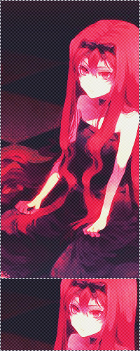 99px.ru аватар Анимешная девушка с ярко-красными волосами сидит в черном платье и куда-то смотрит