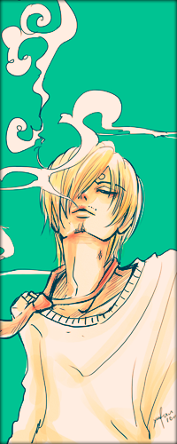 99px.ru аватар Sanji / Санджи из аниме One Piece / Ван Пис / Большой Куш в кофте и галстуке на зеленом фоне выдыхает дым