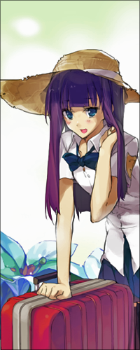 Аватар вконтакте Anarchy Stocking / Анархия Стокинг / Чулка из аниме Труська, Чулко и Пресвятой Подвяз / Panty & Stocking with Garterbelt в соломенной шляпе стоит с чемоданом