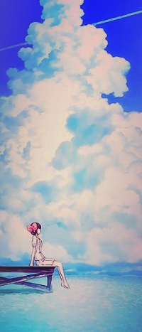 99px.ru аватар Tenri Ayukawa / Тэнри Аюкава из аниме Одному лишь Богу ведомый мир OVA-2 / Kami nomi zo Shiru Sekai: Tenri Hen сидит на пирсе, свесив ноги над водой, на фоне неба с кучевыми облаками