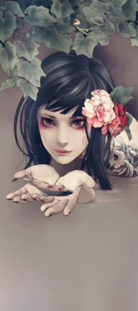 99px.ru аватар Темноволосая девушка с цветами в волосах в мутной воде держит в руках мертвую рыбу, арт от Zhang Xiao Bai