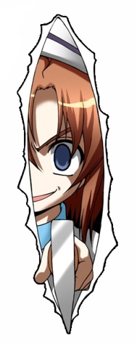 Аватар вконтакте Рэна Рюгу / Rena Ruugu из аниме Когда плачут цикады / Higurashi no Naku Koro ni прорубила секачом лист бумаги и выглядывает из-за него, зловеще улыбаясь