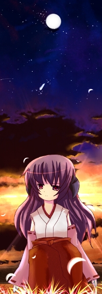 Аватар вконтакте Фуруде Ханю / Furude Hanyuu, из аниме Когда плачут цикады / Higurashi no Naku Koro ni, в поле ночью на фоне полной луны и неба