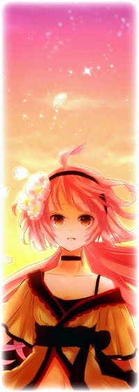 Аватар вконтакте Вокалоид Ироха Некомура / Vocaloid Iroha Nekomura стоит на фоне закатного неба, из цветов в ее волосах вылетают лепестки